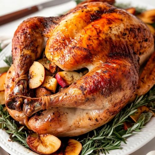 Golden-Brown Roast Turkey With Apple Stuffing On A White Platter Garnished With Herbs And Roasted Apples
