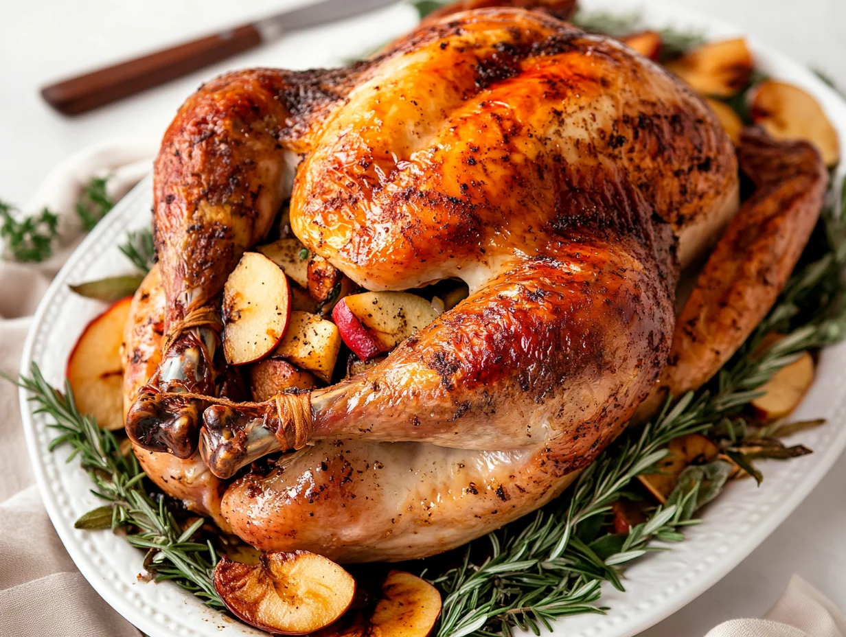 Golden-Brown Roast Turkey With Apple Stuffing On A White Platter Garnished With Herbs And Roasted Apples