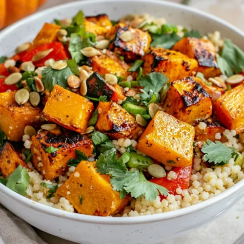 Delicious Roasted Pumpkin Couscous Salad With Zesty Lime Dressing 3 Roasted Pumpkin Couscous Salad In A White Bowl With Cilantro, Pumpkin Seeds, And Lime Dressing On A Light Neutral Table