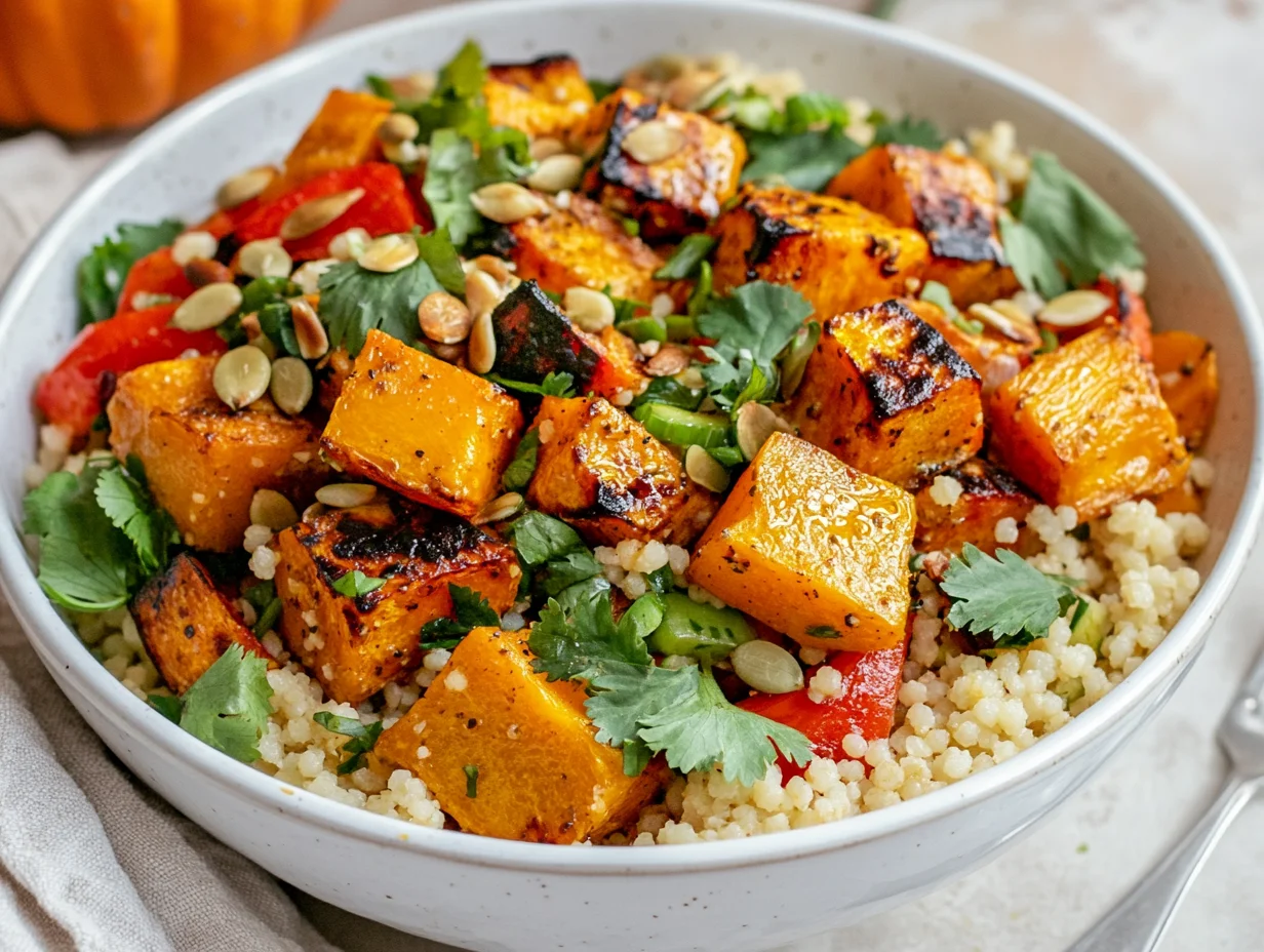 Roasted Pumpkin Couscous Salad In A White Bowl With Cilantro, Pumpkin Seeds, And Lime Dressing On A Light Neutral Table