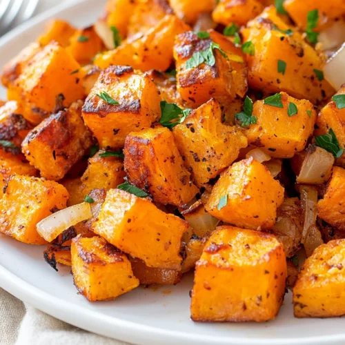 Roasted Sweet Potato Hash: A Healthy And Delicious Side Dish 3 Close-Up Of Roasted Sweet Potato Hash On A White Plate Garnished With Fresh Parsley, Highlighting Crispy, Golden-Brown Edges.