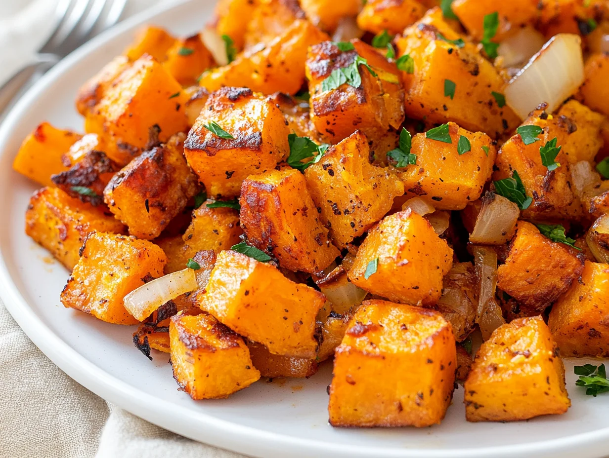 Close-Up Of Roasted Sweet Potato Hash On A White Plate Garnished With Fresh Parsley, Highlighting Crispy, Golden-Brown Edges.