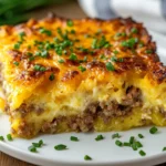 Sausage Hashbrown Breakfast Casserole On A White Plate, Garnished With Fresh Chives And Golden Edges