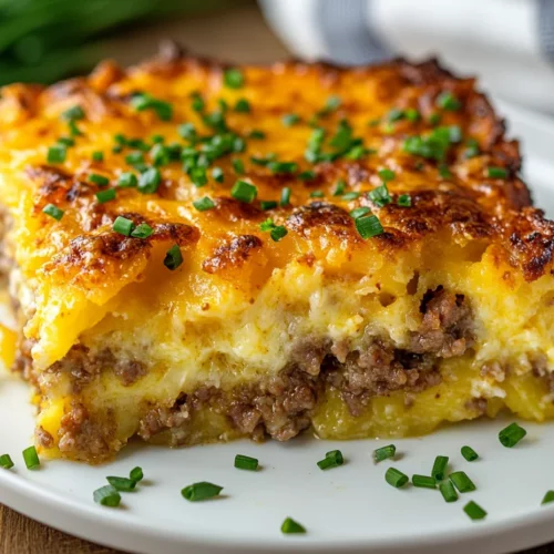 Sausage Hashbrown Breakfast Casserole On A White Plate, Garnished With Fresh Chives And Golden Edges
