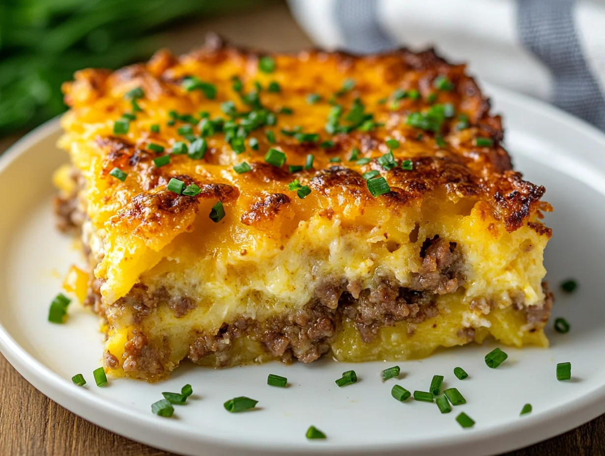 Sausage Hashbrown Breakfast Casserole On A White Plate, Garnished With Fresh Chives And Golden Edges