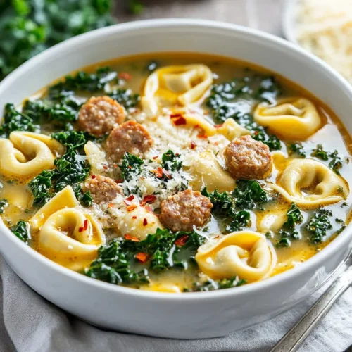 Satisfy Your Cravings With This Hearty Sausage Tortellini Soup 3 Bowl Of Creamy Sausage Tortellini Soup With Kale, Garnished With Parmesan And Red Pepper Flakes, On A Light Gray Napkin