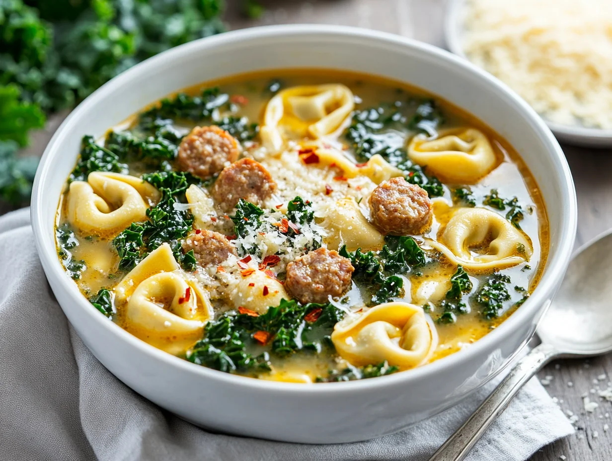 Bowl Of Creamy Sausage Tortellini Soup With Kale, Garnished With Parmesan And Red Pepper Flakes, On A Light Gray Napkin