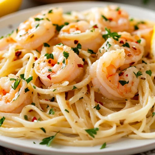 Shrimp Scampi Pasta Dish With Golden Shrimp And Linguine Garnished With Parsley And Lemon Wedges
