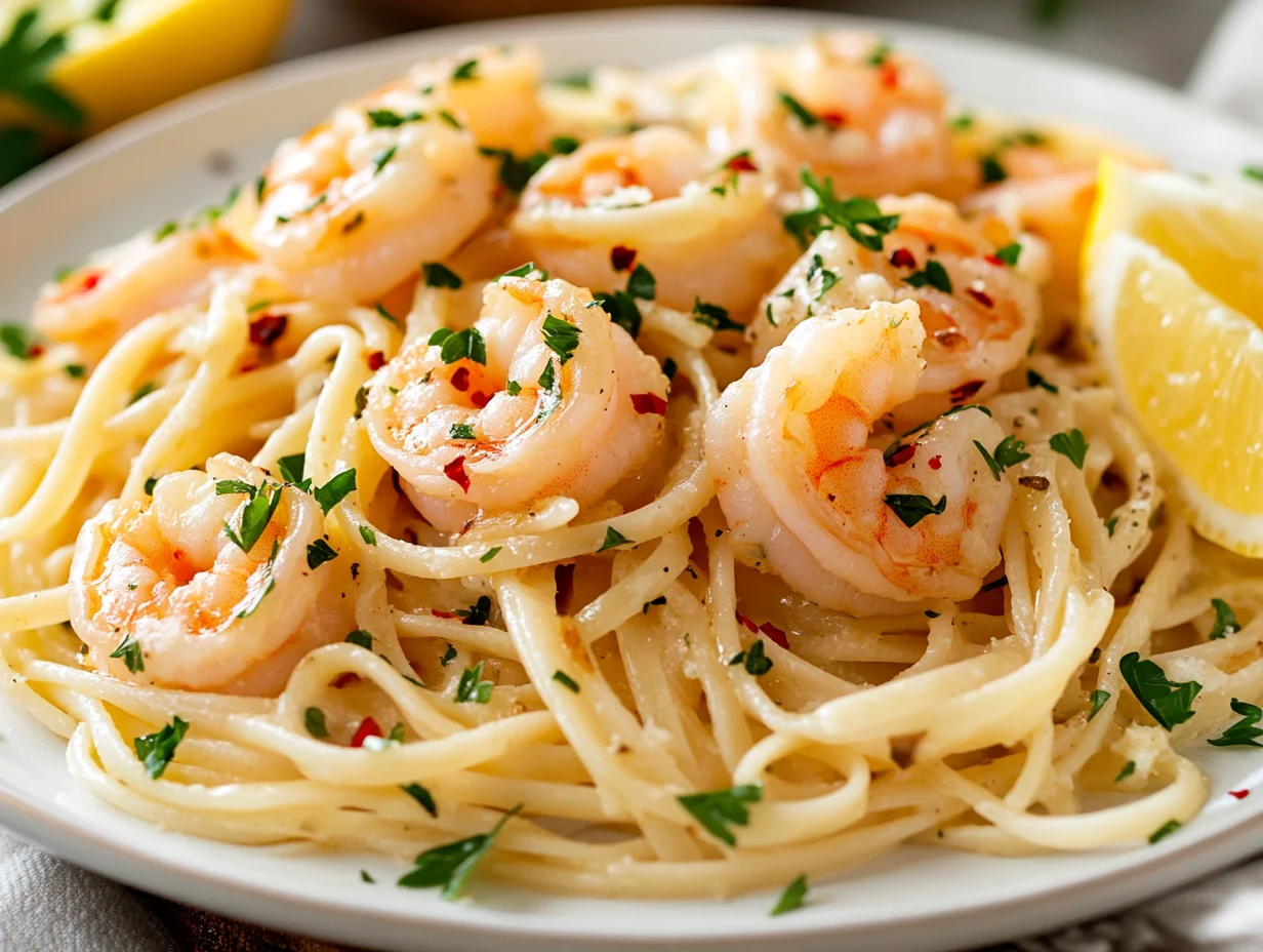 Shrimp Scampi Pasta Dish With Golden Shrimp And Linguine Garnished With Parsley And Lemon Wedges