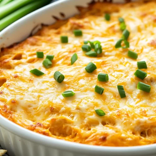Creamy Skinny Buffalo Chicken Dip Topped With Melted Cheese And Garnished With Green Onions In A White Dish