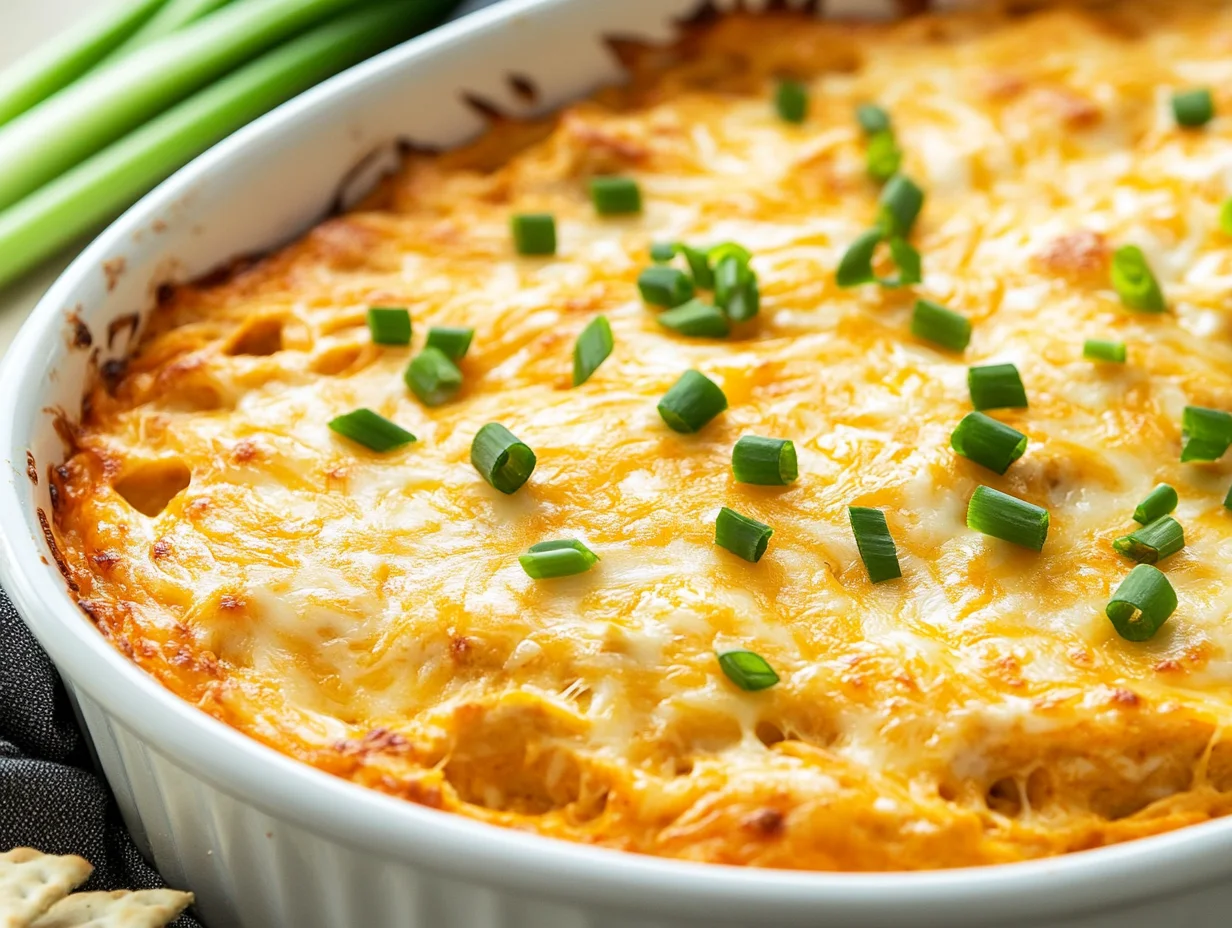 Creamy Skinny Buffalo Chicken Dip Topped With Melted Cheese And Garnished With Green Onions In A White Dish