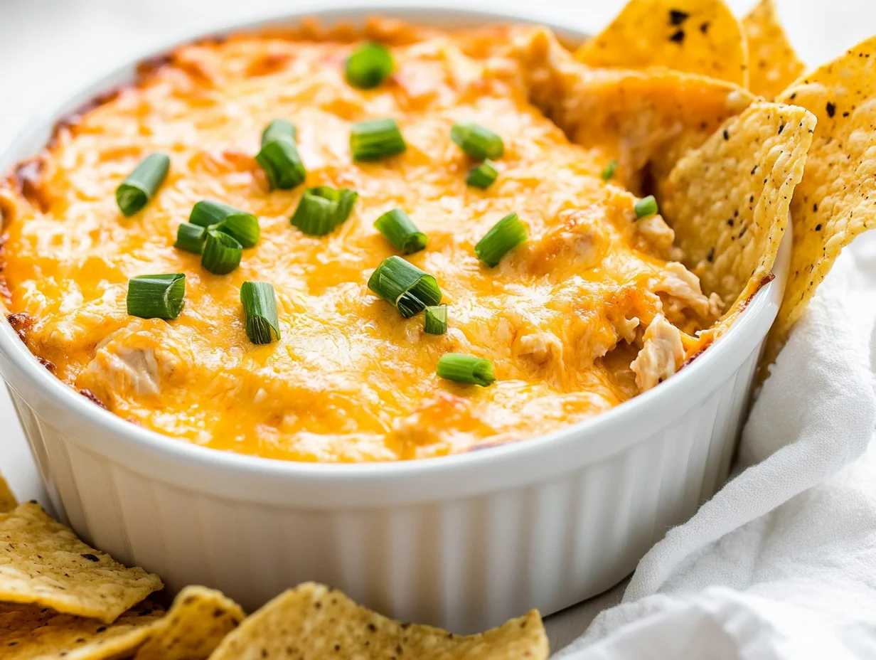 Creamy Slow Cooker Buffalo Chicken Dip Topped With Green Onions In A White Bowl Beside Tortilla Chips