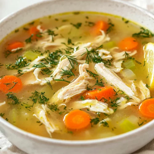 Bowl Of Slow Cooker Chicken Soup With Golden Broth, Shredded Chicken, Carrots, Celery, Dill, And Parsley, Served With A Lemon Wedge.