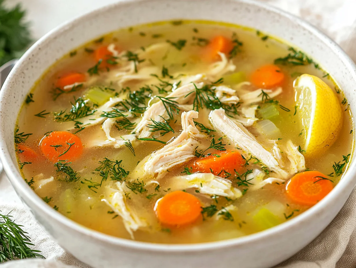 Bowl Of Slow Cooker Chicken Soup With Golden Broth, Shredded Chicken, Carrots, Celery, Dill, And Parsley, Served With A Lemon Wedge.