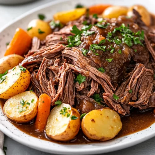 Slow Cooker Pot Roast On A White Platter With Shredded Beef, Golden Potatoes, Carrots, Rich Gravy, And Parsley Garnish