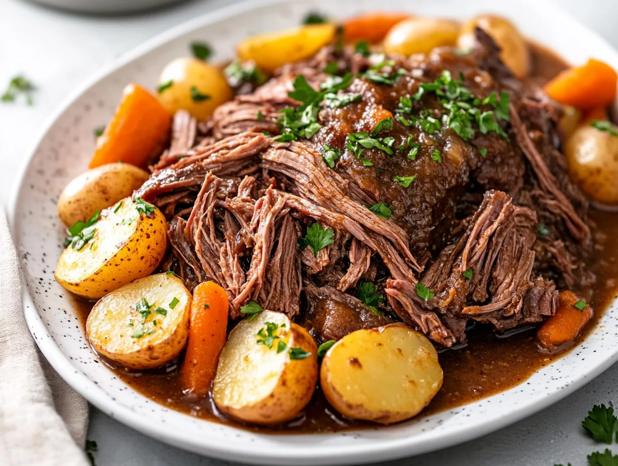 Slow Cooker Pot Roast On A White Platter With Shredded Beef, Golden Potatoes, Carrots, Rich Gravy, And Parsley Garnish