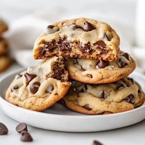 Stack Of Soft Chocolate Chip Cookies On A White Plate, Highlighting Melted Chocolate And A Sprinkle Of Sea Salt.