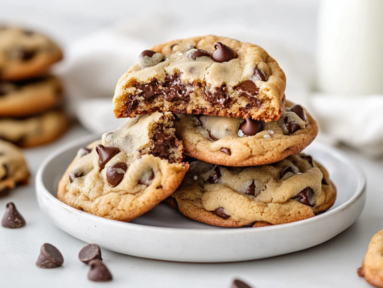 Stack Of Soft Chocolate Chip Cookies On A White Plate, Highlighting Melted Chocolate And A Sprinkle Of Sea Salt.