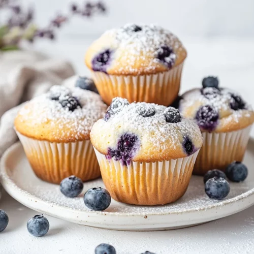 Soft And Delicious Sourdough Blueberry Muffins Recipe 3 Soft Sourdough Blueberry Muffins On A White Plate, Dusted With Powdered Sugar And Surrounded By Fresh Blueberries