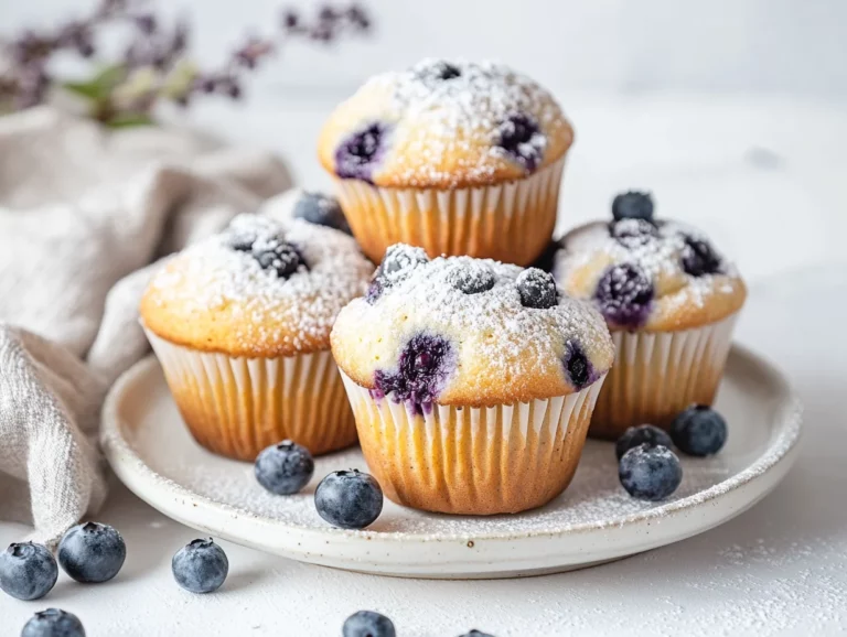 Soft Sourdough Blueberry Muffins On A White Plate, Dusted With Powdered Sugar And Surrounded By Fresh Blueberries