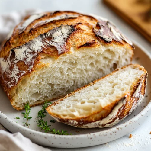 Best Sourdough Bread Recipe For Beginners - Easy &Amp; Homemade 3 Freshly Baked Sourdough Bread Recipe On A White Plate, Garnished With Thyme Sprigs And A Soft Crust.
