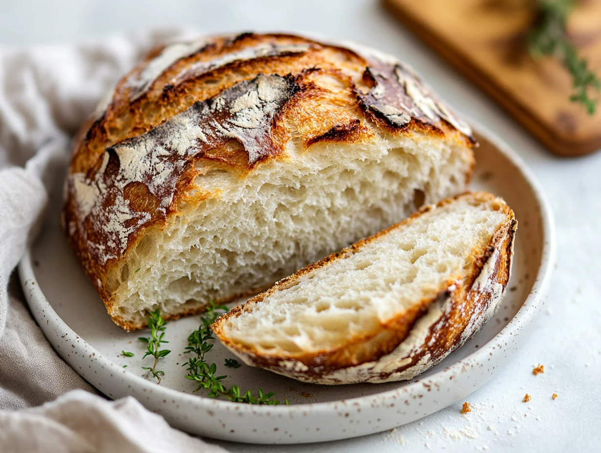 Freshly Baked Sourdough Bread Recipe On A White Plate, Garnished With Thyme Sprigs And A Soft Crust.