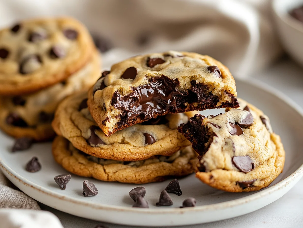 Golden Sourdough Chocolate Chip Cookies Stacked On A White Plate With Melted Chocolate And Crisp Edges, On A Light Background.