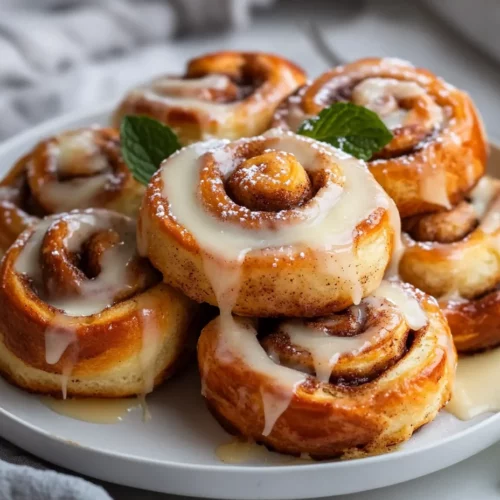Soft And Fluffy Sourdough Cinnamon Rolls With Icing 3 Soft And Fluffy Sourdough Cinnamon Rolls Drizzled With Vanilla Icing On A White Plate With A Fork