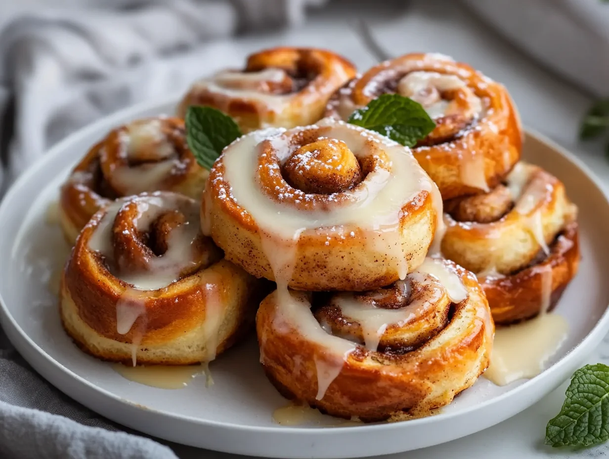 Soft And Fluffy Sourdough Cinnamon Rolls Drizzled With Vanilla Icing On A White Plate With A Fork