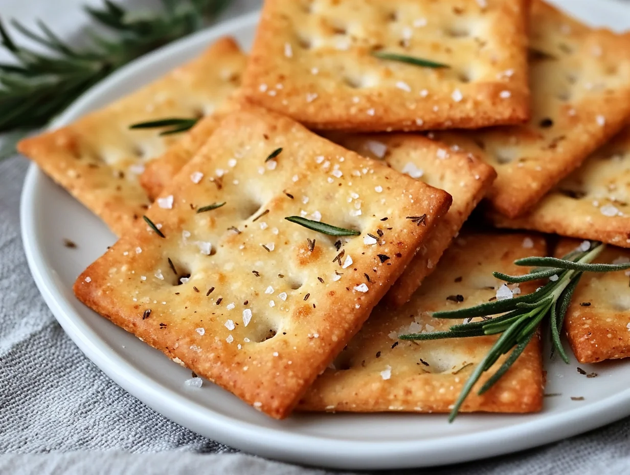 Crispy Sourdough Crackers With Rosemary On A White Plate, Garnished With Flaked Sea Salt And Fresh Herbs