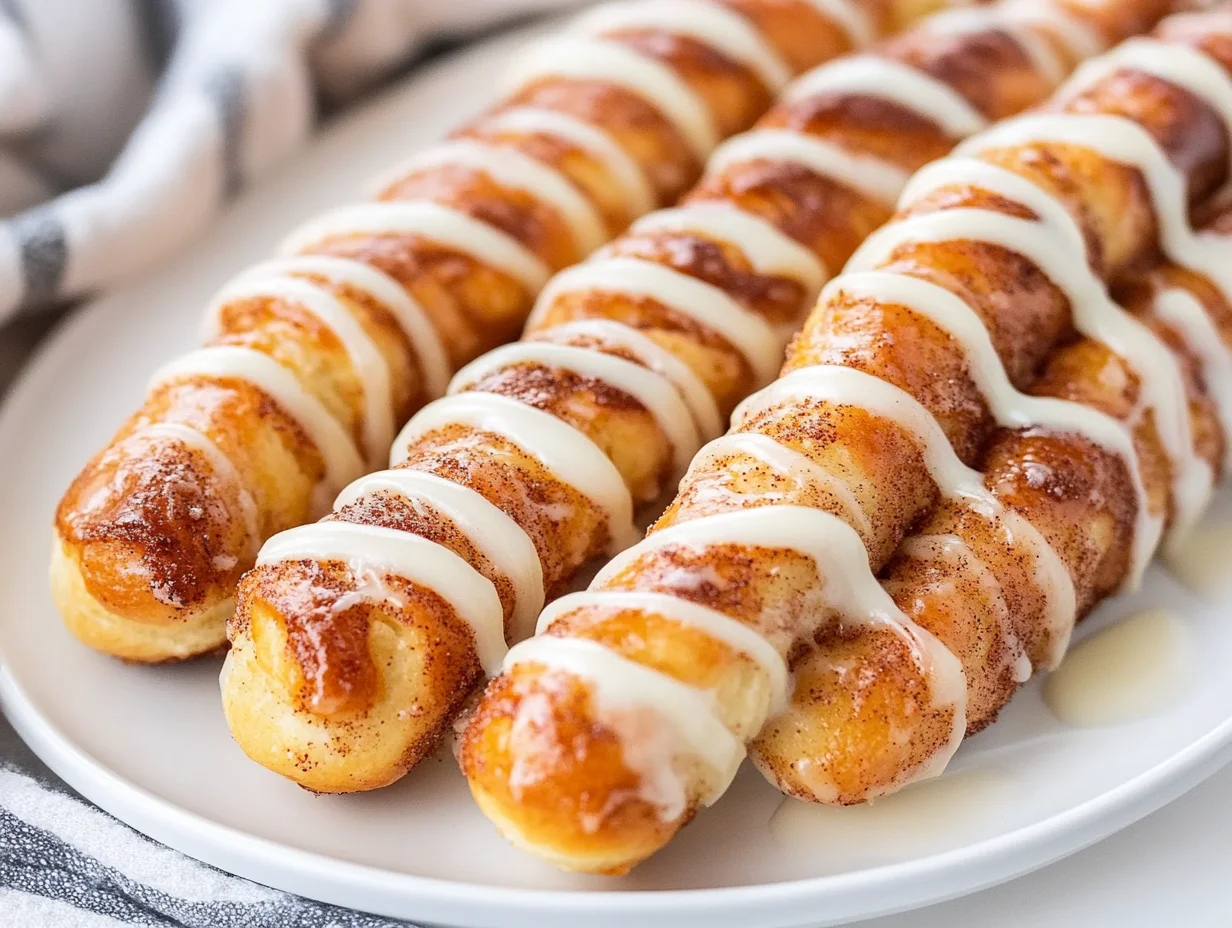 Sourdough Discard Cinnamon Breadsticks On A White Plate Drizzled With Cream Cheese Glaze And Garnished With Cinnamon Sugar