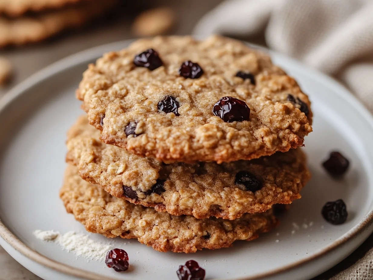 Close-Up Of Sourdough Discard Oatmeal Cookies On A White Plate, Showcasing Golden Edges And Currants