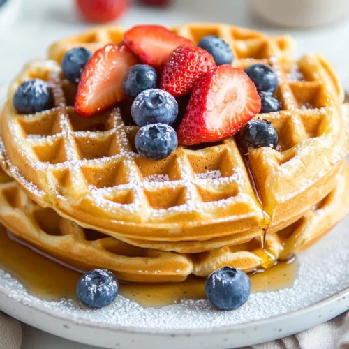 Golden Brown Sourdough Discard Waffles On A White Plate Topped With Fresh Berries, Powdered Sugar, And Maple Syrup Drizzle