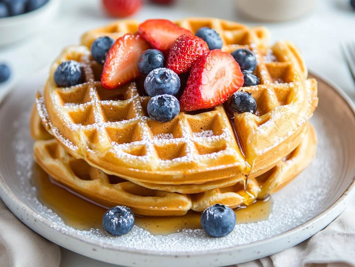 Golden Brown Sourdough Discard Waffles On A White Plate Topped With Fresh Berries, Powdered Sugar, And Maple Syrup Drizzle