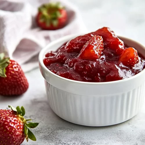 Bowl Of Strawberries For Shortcake Drizzled With Syrup, Garnished With Lemon Juice On A Neutral Table