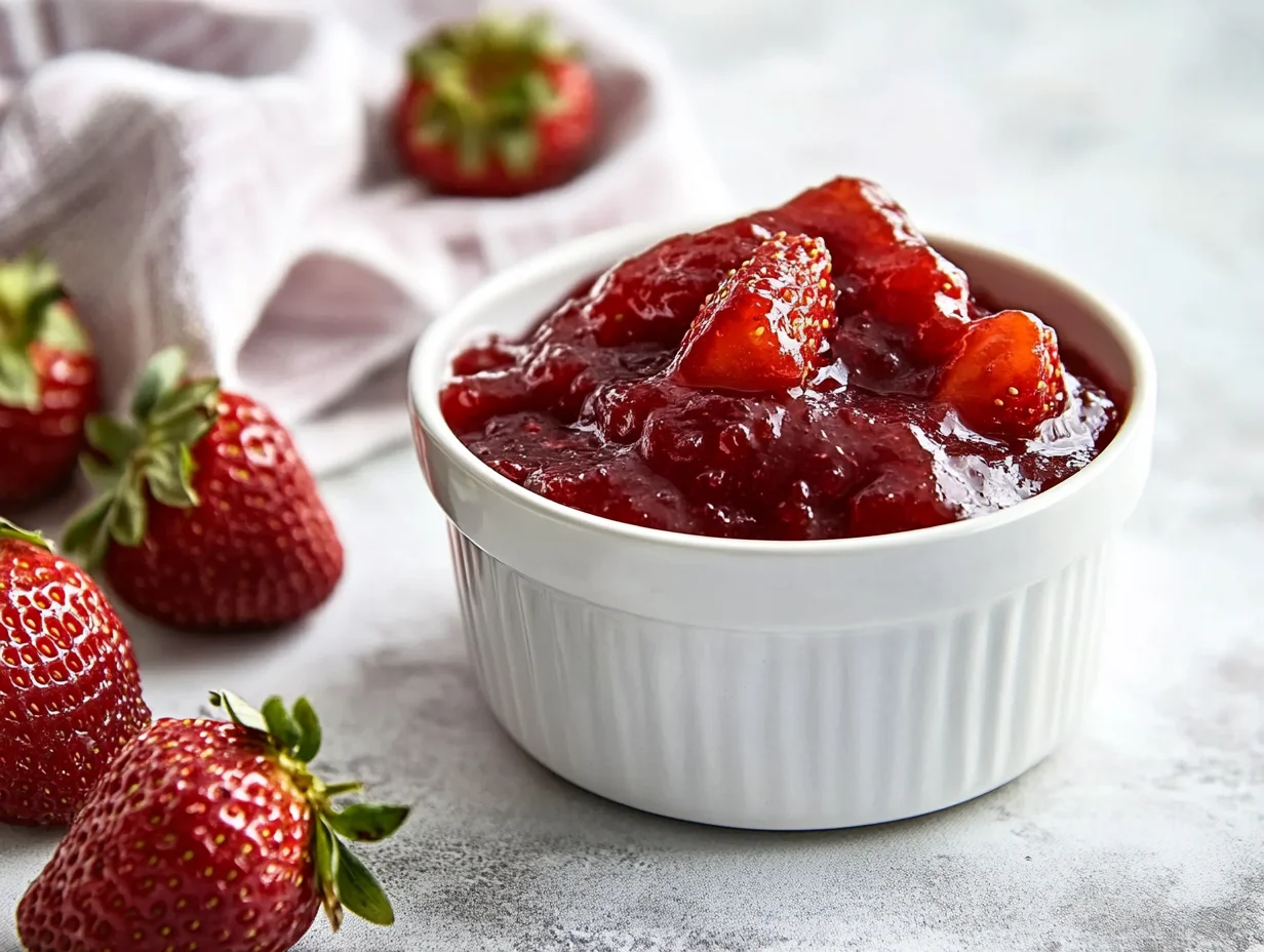 Bowl Of Strawberries For Shortcake Drizzled With Syrup, Garnished With Lemon Juice On A Neutral Table