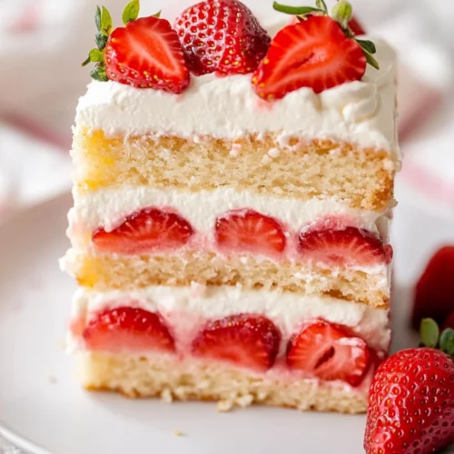 Strawberry Shortcake Cake Layered With Whipped Cream And Fresh Strawberries, Served On A White Plate.