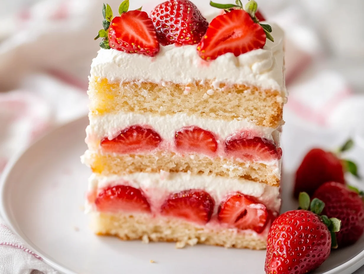 Strawberry Shortcake Cake Layered With Whipped Cream And Fresh Strawberries, Served On A White Plate.
