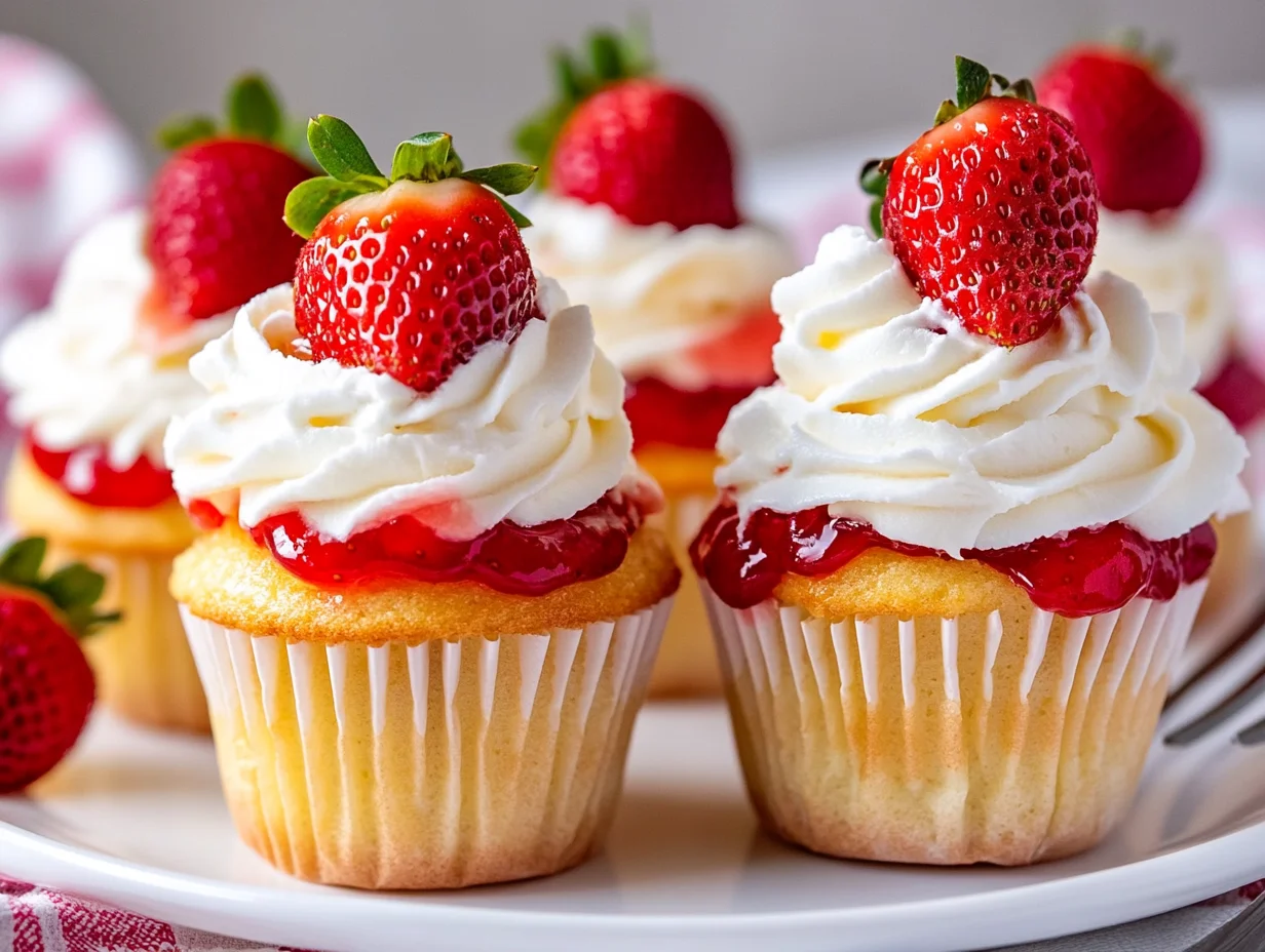 Delicious Strawberry Shortcake Cupcakes Topped With Whipped Cream And Fresh Strawberries On A White Plate