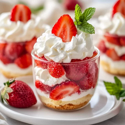 Close-Up Of Strawberry Shortcake Cups Layered With Strawberries And Whipped Cream, Garnished With Mint.