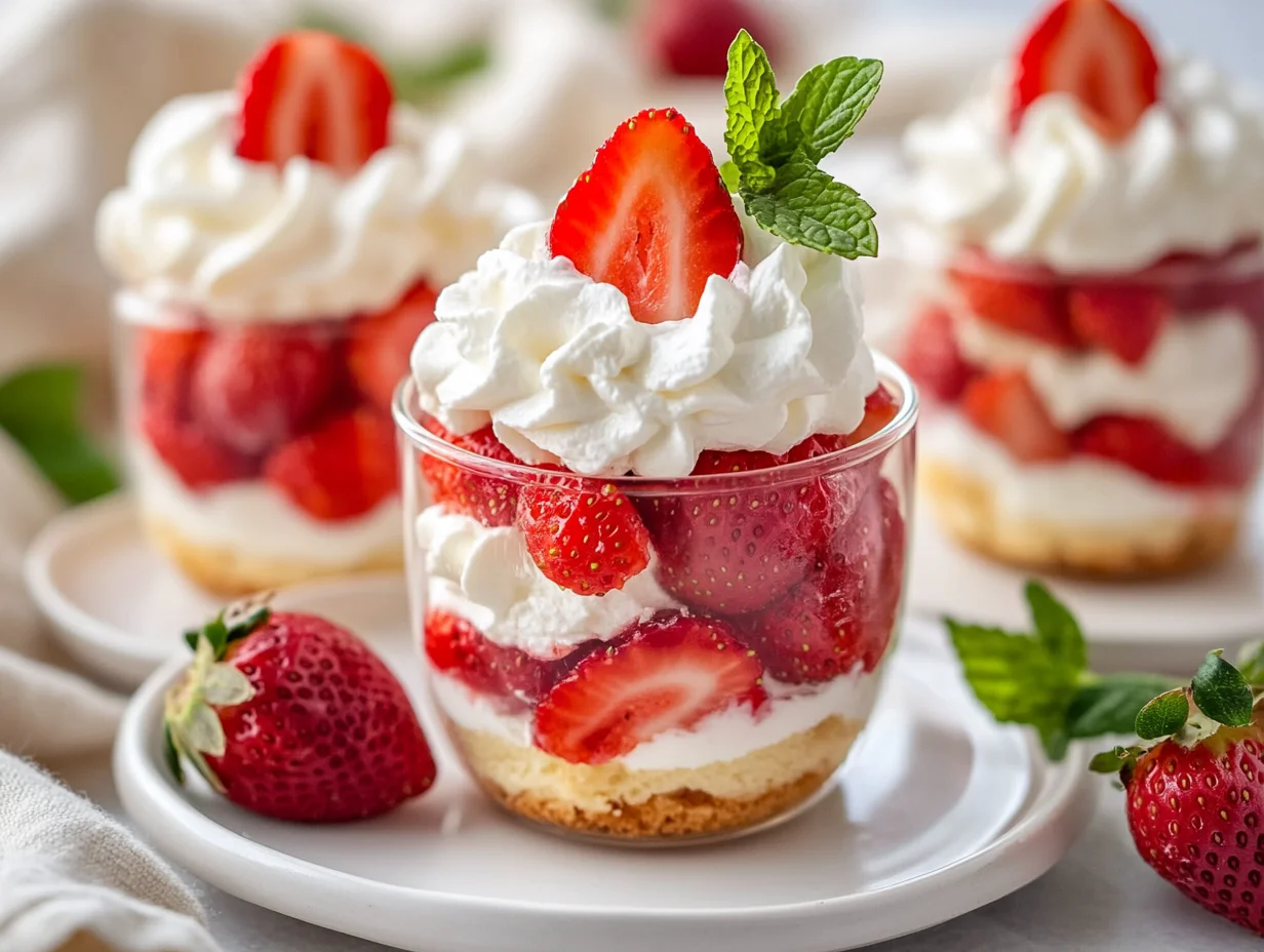 Close-Up Of Strawberry Shortcake Cups Layered With Strawberries And Whipped Cream, Garnished With Mint.