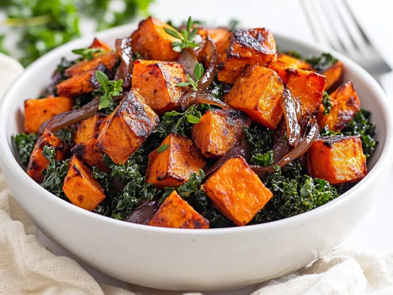 Sweet Potato Kale Salad Served On A White Plate Topped With Caramelized Onions And Drizzled With Red Wine Vinegar