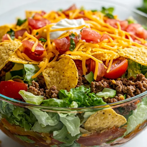 The Best Taco Salad With Ground Beef Recipe You’ll Ever Make 3 Colorful Taco Salad With Ground Beef Topped With Sour Cream And Tortilla Chips In A Glass Bowl