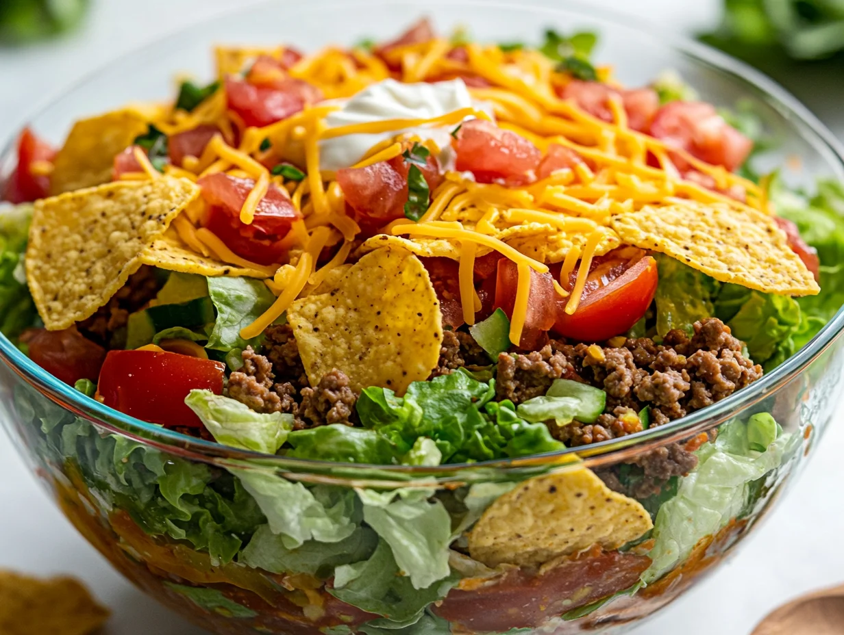 Colorful Taco Salad With Ground Beef Topped With Sour Cream And Tortilla Chips In A Glass Bowl
