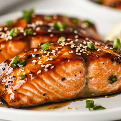 Delicious Teriyaki Salmon Recipe: Quick, Healthy, And Flavorful 3 Glazed Teriyaki Salmon On A White Plate, Garnished With Sesame Seeds And Green Onions, Alongside A Lemon Wedge.