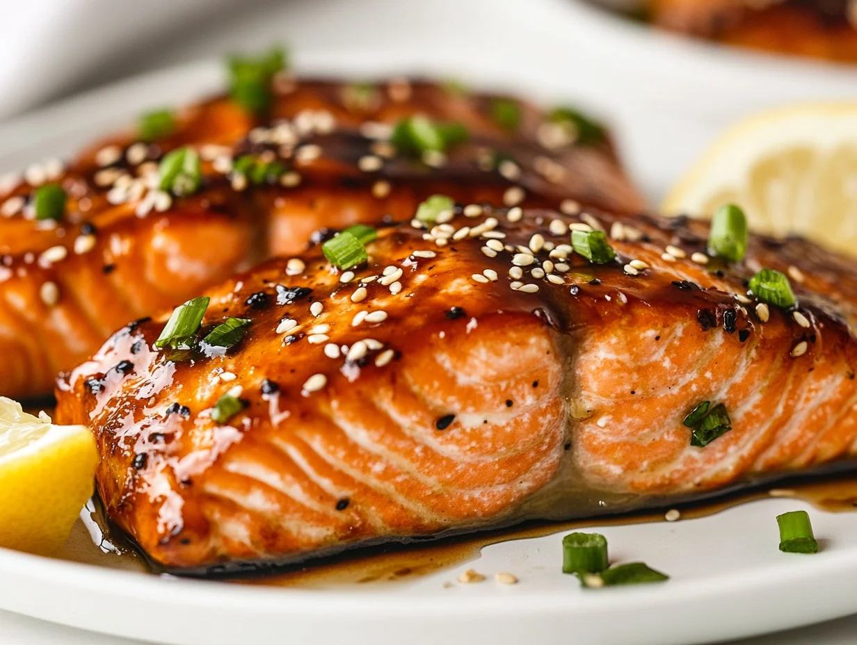 Glazed Teriyaki Salmon On A White Plate, Garnished With Sesame Seeds And Green Onions, Alongside A Lemon Wedge.