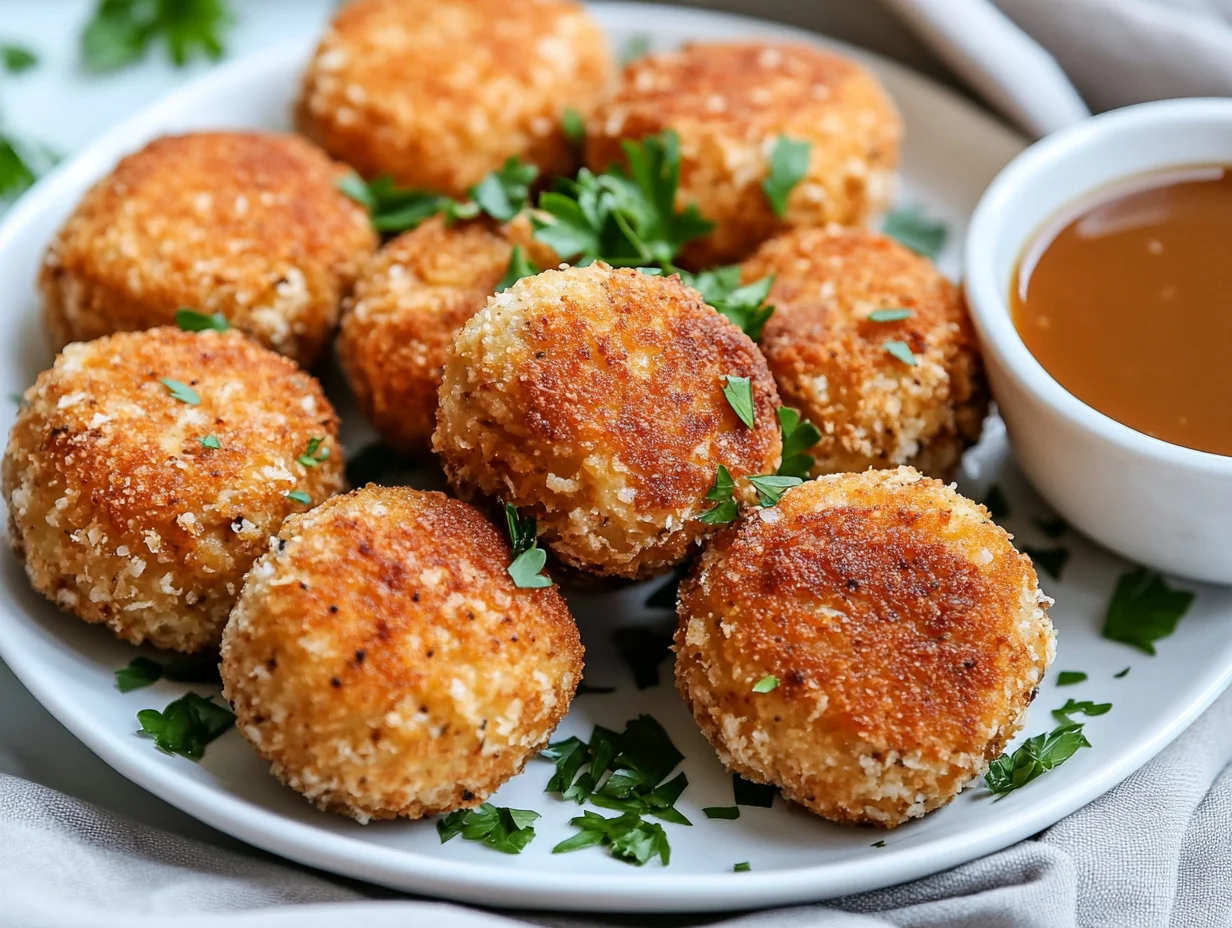 Crispy Turkey Croquettes On A White Plate Served With Gravy And Garnished With Fresh Parsley
