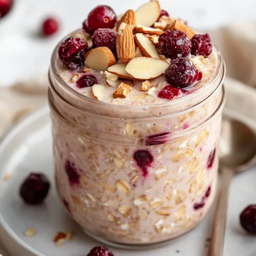 Easy Vanilla Cranberry Overnight Oats Recipe For Busy Mornings 3 Jar Of Vanilla Cranberry Overnight Oats Layered With Yogurt And Topped With Fresh Berries, Almonds, And Cranberries On A White Plate