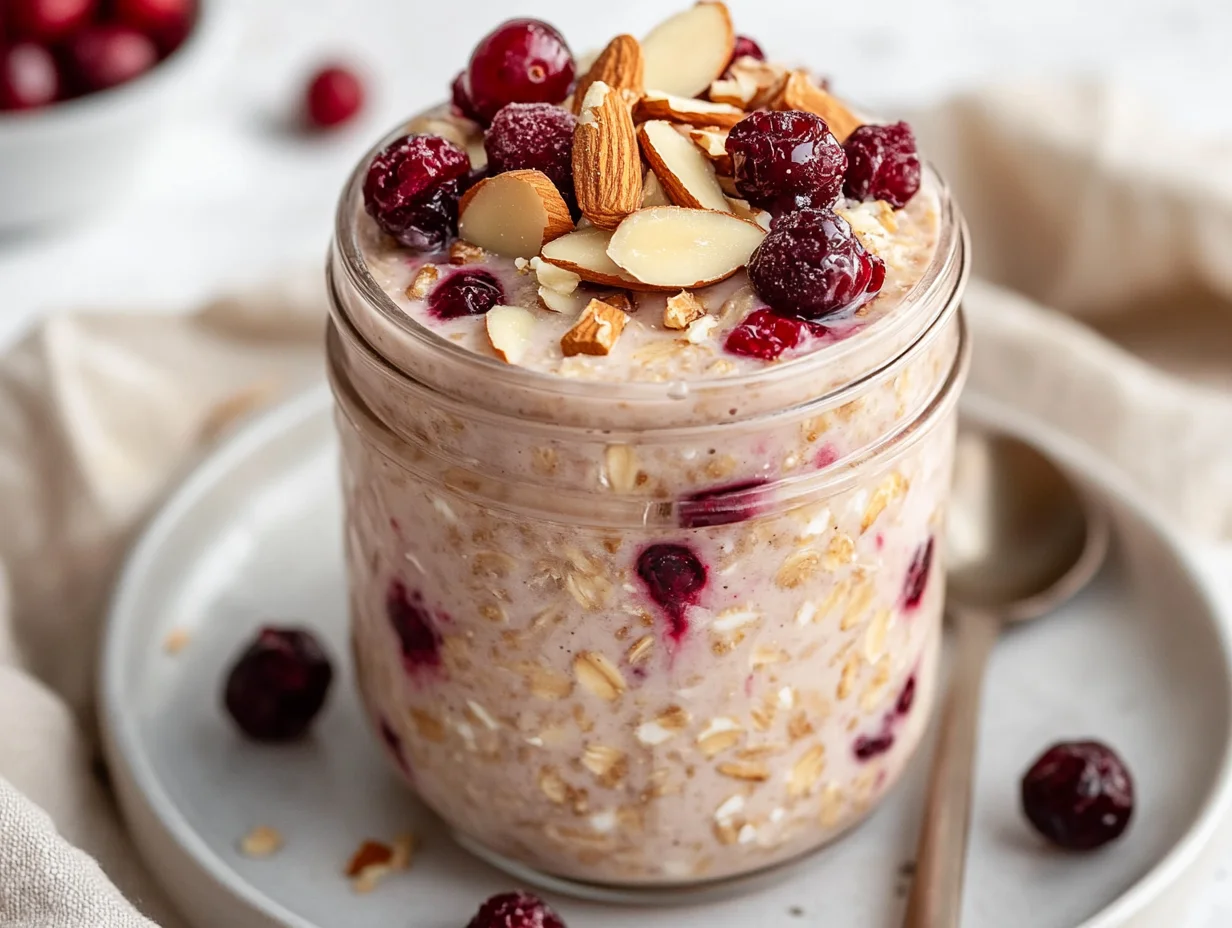 Jar Of Vanilla Cranberry Overnight Oats Layered With Yogurt And Topped With Fresh Berries, Almonds, And Cranberries On A White Plate