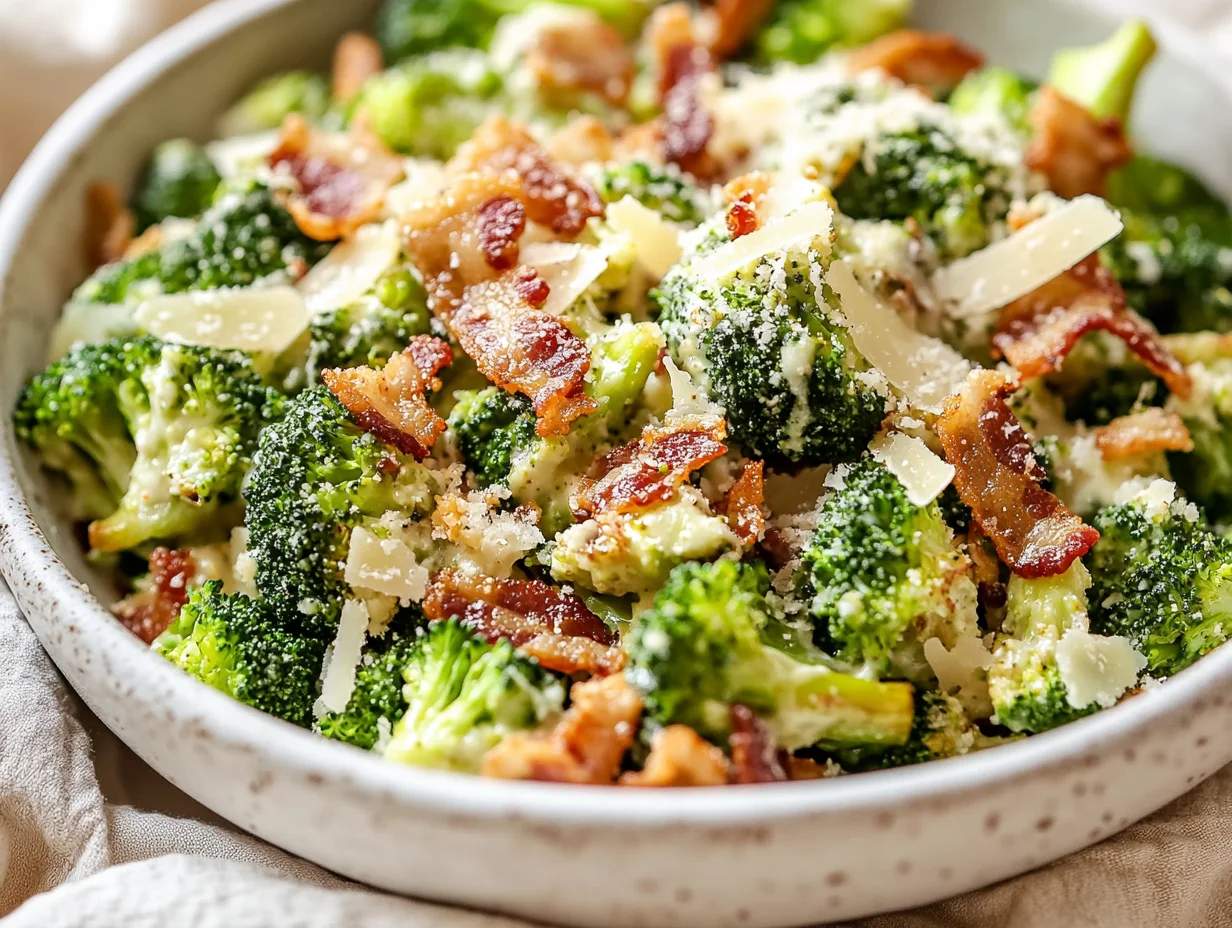 Warm Broccoli Caesar Salad With Bacon And Parmesan In A White Bowl, Topped With Crispy Panko And Drizzled With Dressing.
